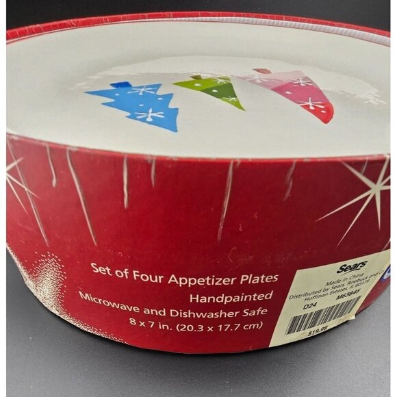 Vintage Sears Hand painted Christmas Tree Appetizer Plates Set 4 Wish for Joy - Picture 6 of 8